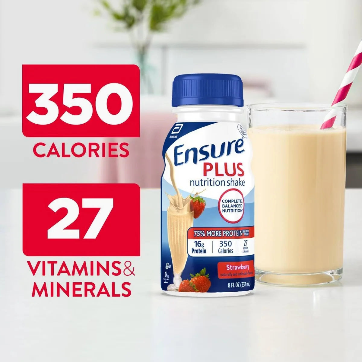 Ensure Plus Nutritional Shake, Strawberry, 8 oz, Case of 24