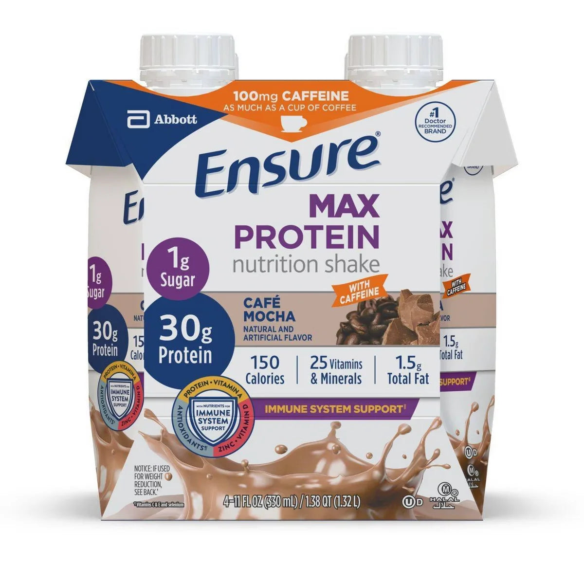 Ensure Max Protein Nutrition Shake Cafe Mocha Caffeinated - 30g Protein - 11 fl oz/4pk: Gluten-Free, Kosher, Halal, Meal Replacement