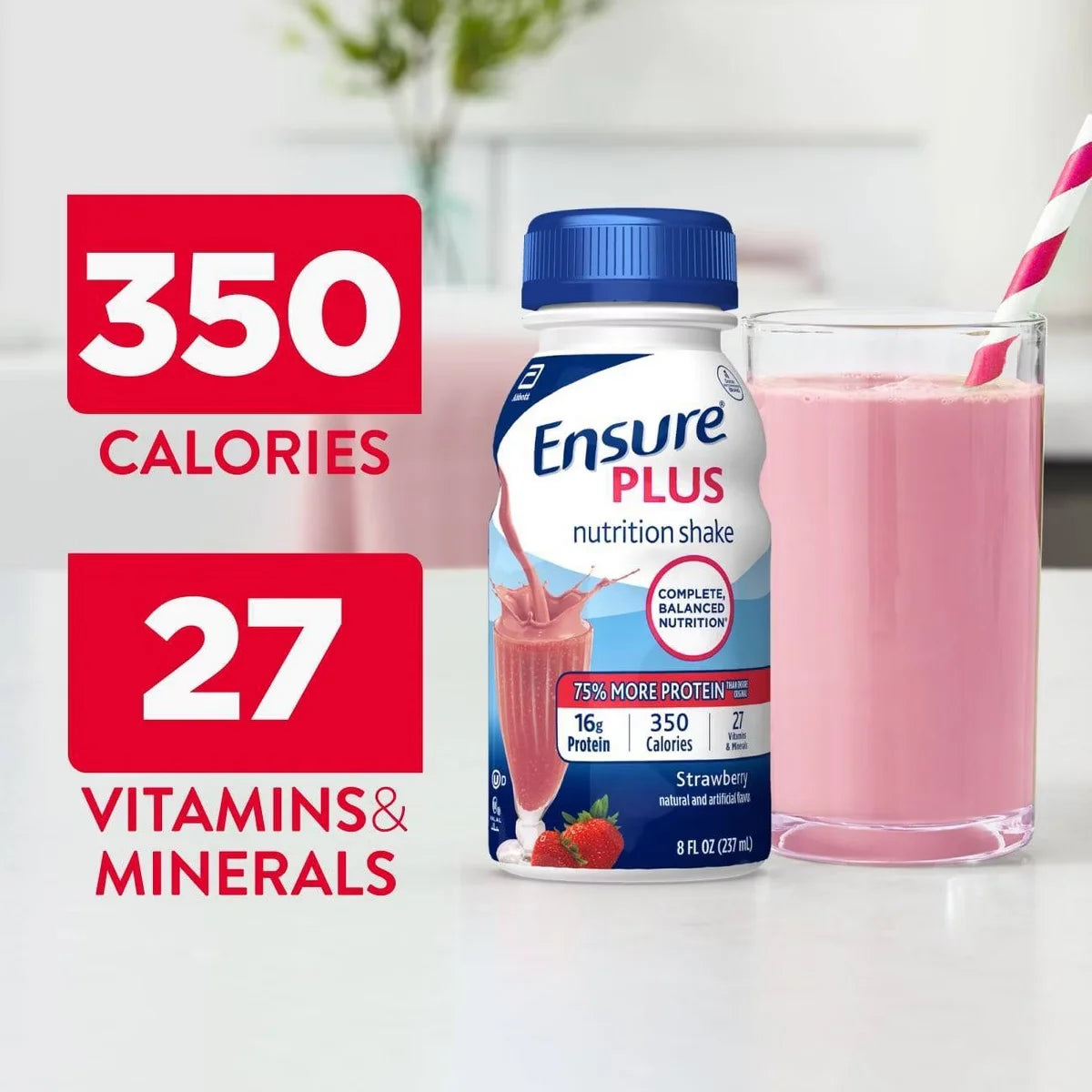 Ensure Plus Nutrition Shake Strawberry Non-Caffeinated - 8 fl oz/6pk: Kosher, Halal, Gluten-Free, Milk Protein