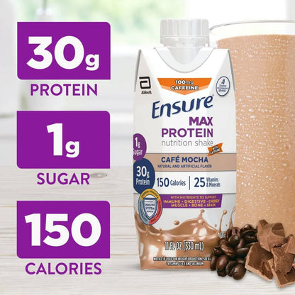 Ensure Max Protein Nutrition Shake Cafe Mocha Caffeinated - 30g Protein - 11 fl oz/4pk: Gluten-Free, Kosher, Halal, Meal Replacement