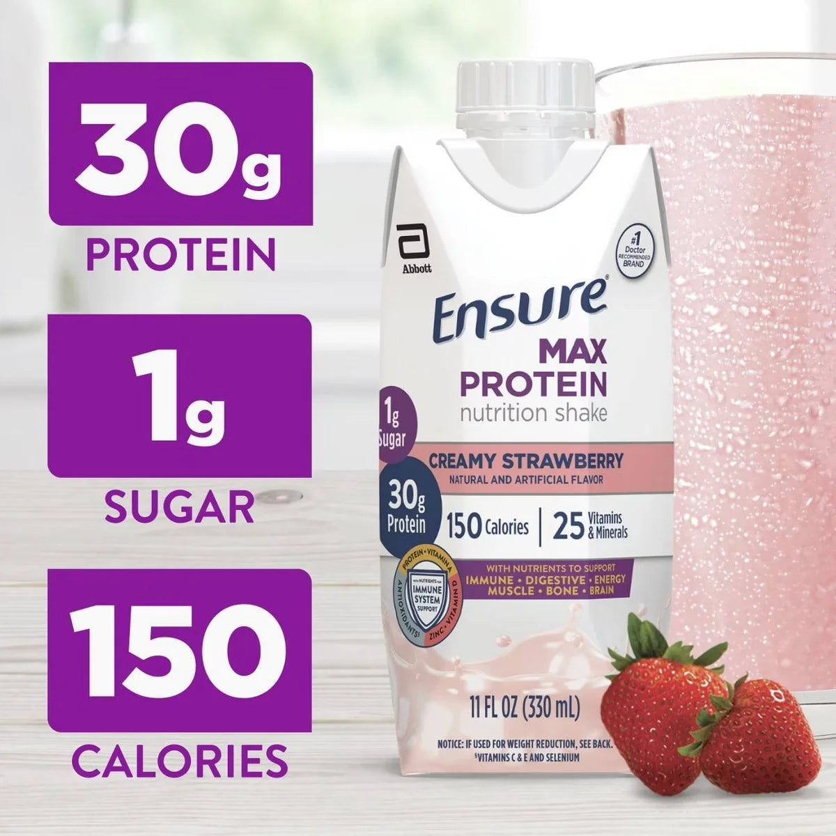 Ensure Max Protein Nutrition Shake Creamy Strawberry Non-Caffeinated - 30g Protein - 11 fl oz/4pk: Kosher, Halal, Gluten-Free, Lactose Sensitivity