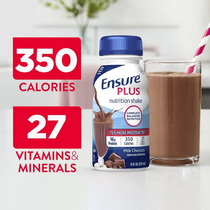 Ensure Plus Meal Replacement Nutrition Shake Bottles, Milk Chocolate, 16g Protein, 8 oz, Case of 24