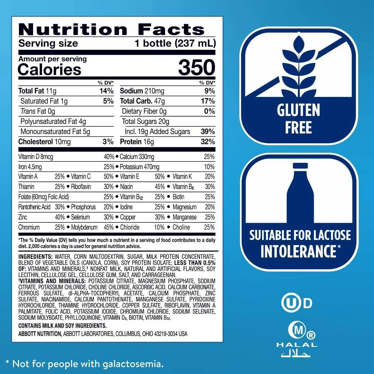 Ensure Plus Nutrition Shake Vanilla Non-Caffeinated- 128 fl oz/16ct: Kosher, Halal, Gluten-Free, Lactose Sensitivity, 16g Milk Protein