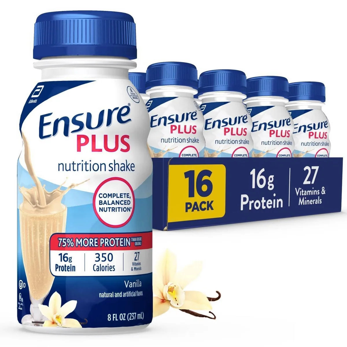 Ensure Plus Nutrition Shake Vanilla Non-Caffeinated- 128 fl oz/16ct: Kosher, Halal, Gluten-Free, Lactose Sensitivity, 16g Milk Protein