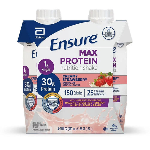 Ensure Max Protein Nutrition Shake Creamy Strawberry Non-Caffeinated - 30g Protein - 11 fl oz/4pk: Kosher, Halal, Gluten-Free, Lactose Sensitivity